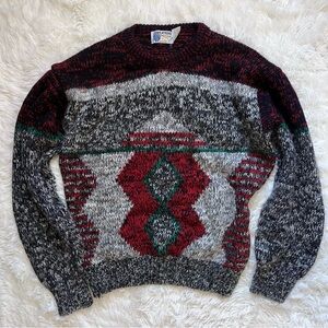 Vintage Grey and Red Multicolor Knit Crewneck Sweater